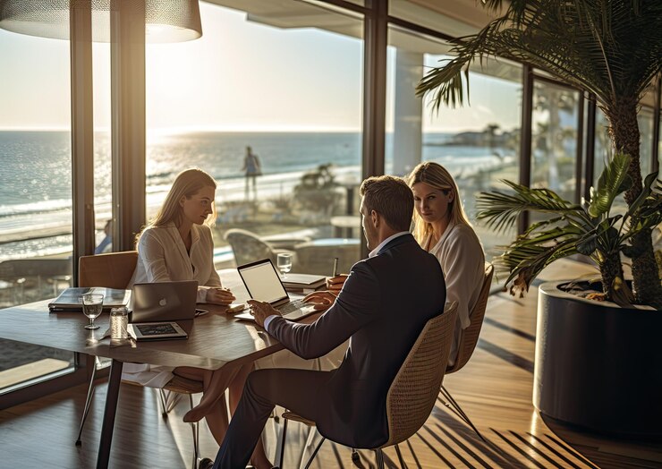 Business professionals meeting in a modern coastal office